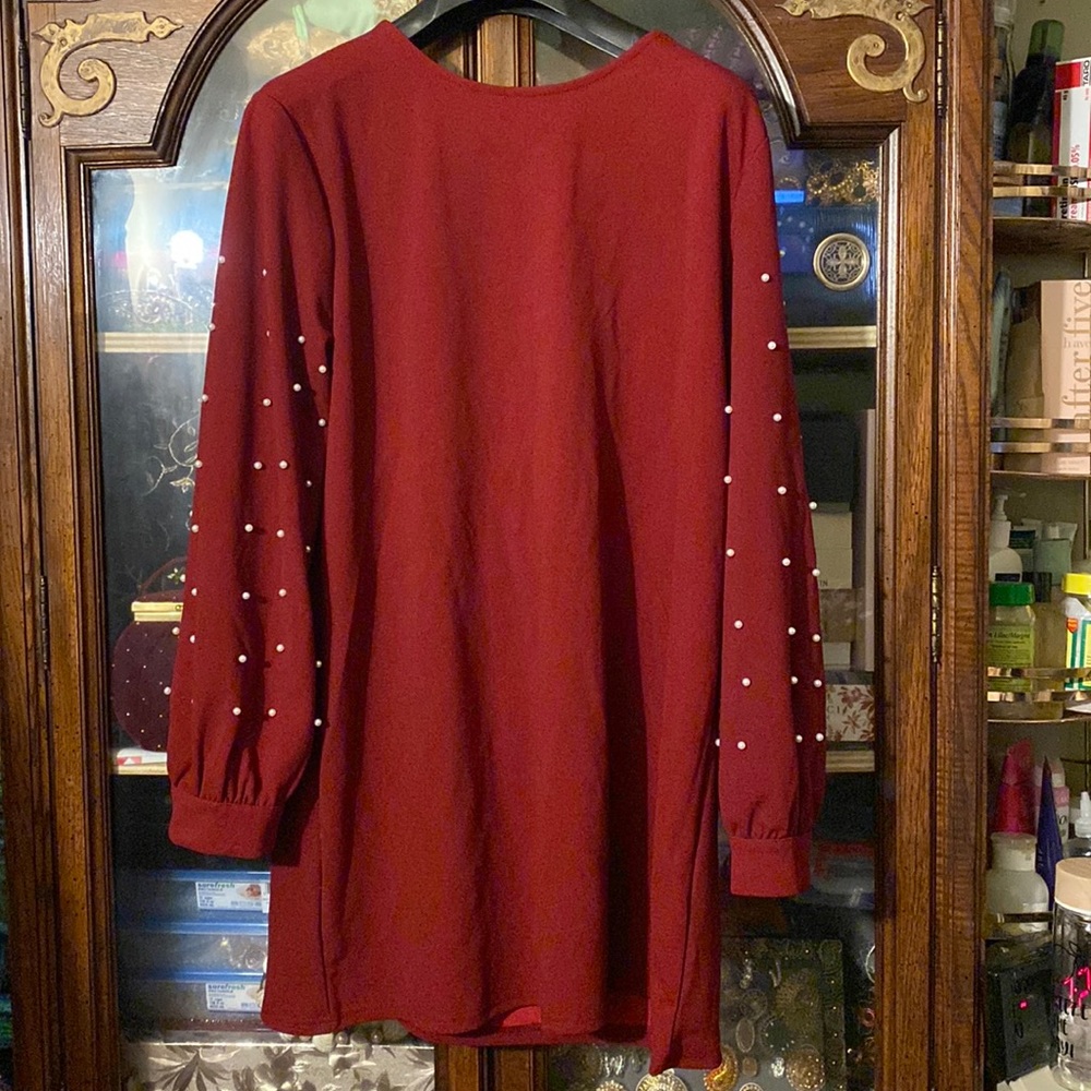 Maroon long sleeve sweater dress with pearls